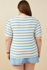 HB0365W Blue Mix Plus Striped Puff Sleeve Ribbed Knit Top Full Body