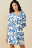 HB0381W Blue Mix Plus Embroidery Print Smock Waist Zipper Dress Front