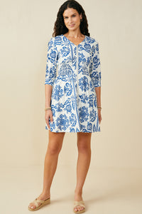 HB0381 Blue Mix Womens Embroidery Print Smock Waist Zipper Dress Gif