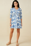 HB0381 Blue Mix Womens Embroidery Print Smock Waist Zipper Dress Gif