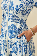 HB0381 Blue Mix Womens Embroidery Print Smock Waist Zipper Dress Full Body