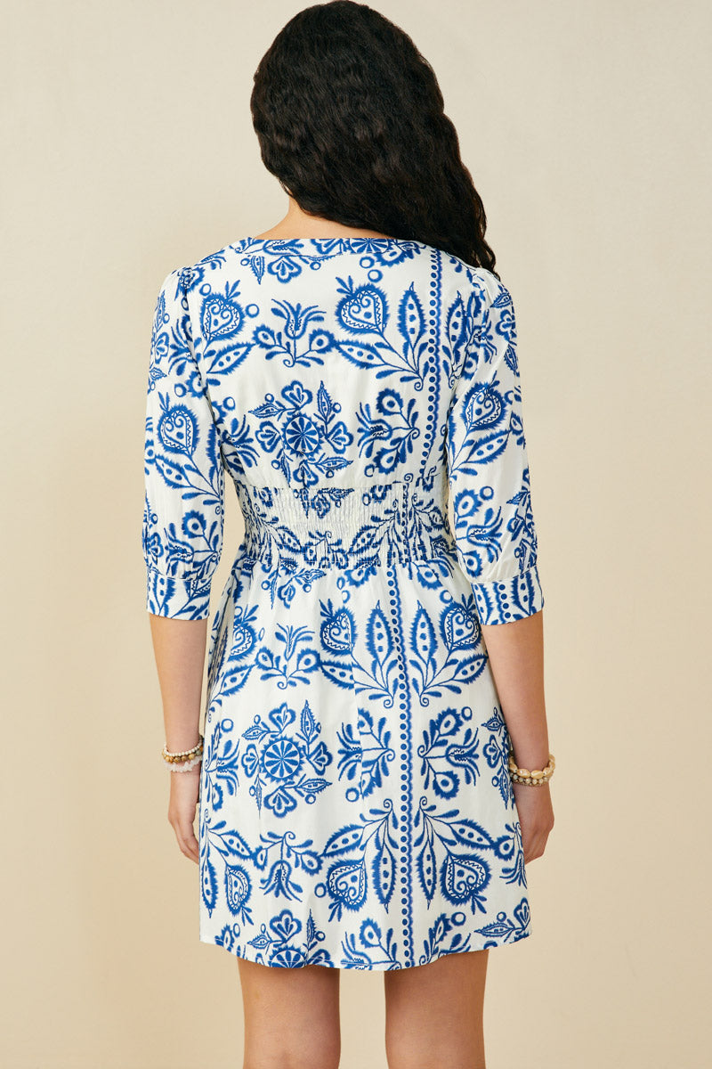 HB0381 Blue Mix Womens Embroidery Print Smock Waist Zipper Dress Detail