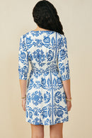 HB0381 Blue Mix Womens Embroidery Print Smock Waist Zipper Dress Detail