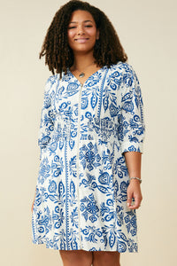 HB0381 Blue Mix Womens Embroidery Print Smock Waist Zipper Dress Front