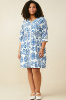 HB0381 Blue Mix Womens Embroidery Print Smock Waist Zipper Dress Back