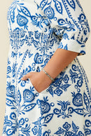 HB0381W Blue Mix Plus Embroidery Print Smock Waist Zipper Dress Gif