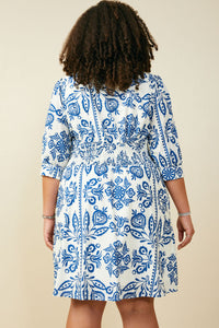 HB0381W Blue Mix Plus Embroidery Print Smock Waist Zipper Dress Full Body