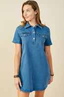 HB0383 Mid Denim Womens Chest Pocket Denim Shirt Dress Front