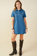 HB0383 Mid Denim Womens Chest Pocket Denim Shirt Dress Gif