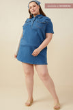 HB0383 Mid Denim Womens Chest Pocket Denim Shirt Dress Full Body