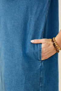 HB0383 Mid Denim Womens Chest Pocket Denim Shirt Dress Full Body