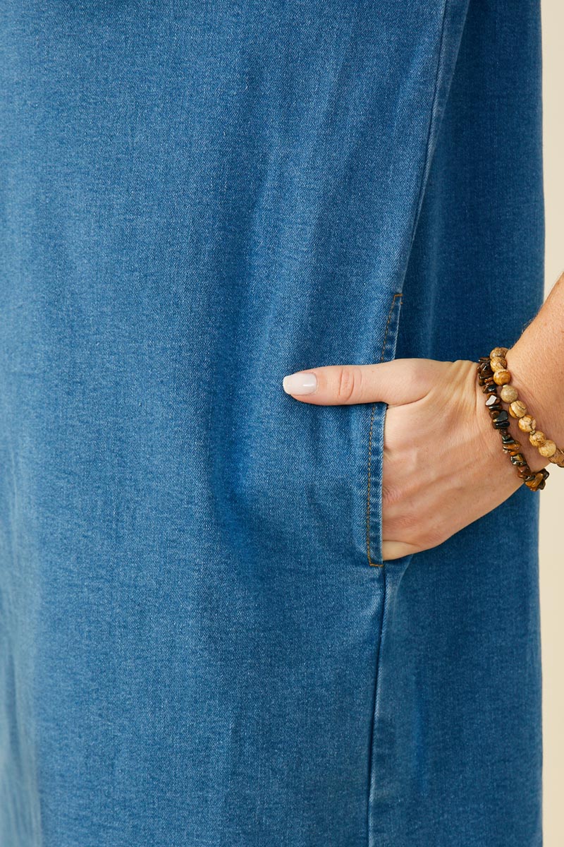 HB0383 Mid Denim Womens Chest Pocket Denim Shirt Dress Full Body