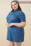 HB0383 Mid Denim Womens Chest Pocket Denim Shirt Dress Side