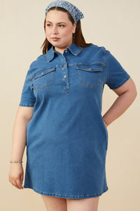 HB0383W Mid Denim Plus Chest Pocket Denim Shirt Dress Front