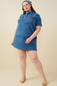 HB0383 Mid Denim Womens Chest Pocket Denim Shirt Dress Back