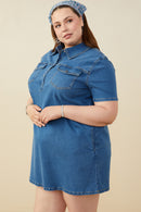 HB0383W Mid Denim Plus Chest Pocket Denim Shirt Dress Gif