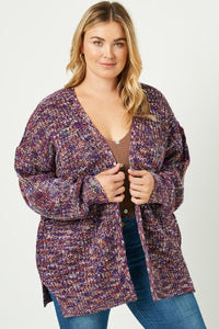 HC1320 Purple Mix Womens Multi-Color Yarn Knit Sweater Cardigan Full Body
