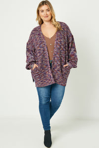 HC1320 Purple Mix Womens Multi-Color Yarn Knit Sweater Cardigan Front