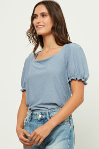 HDJ3423 CHAMBRAY Womens Square Neck Swiss Dot Knit Top Gif