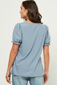 HDJ3423 CHAMBRAY Womens Square Neck Swiss Dot Knit Top Front