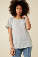 HDK1787 Light Grey Womens Waffle Knit Patch Pocket Short Sleeve Dolman Top Front