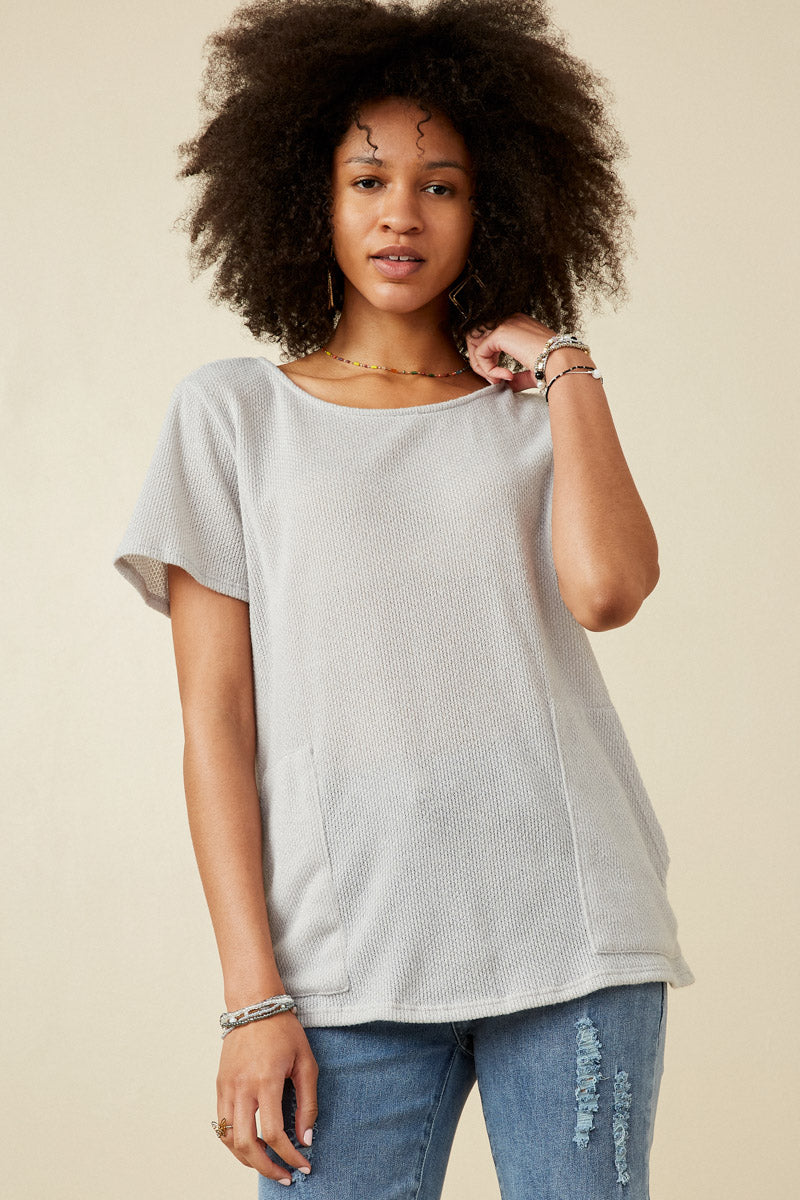 Waffle Knit Patch Pocket Short Sleeve Dolman Top