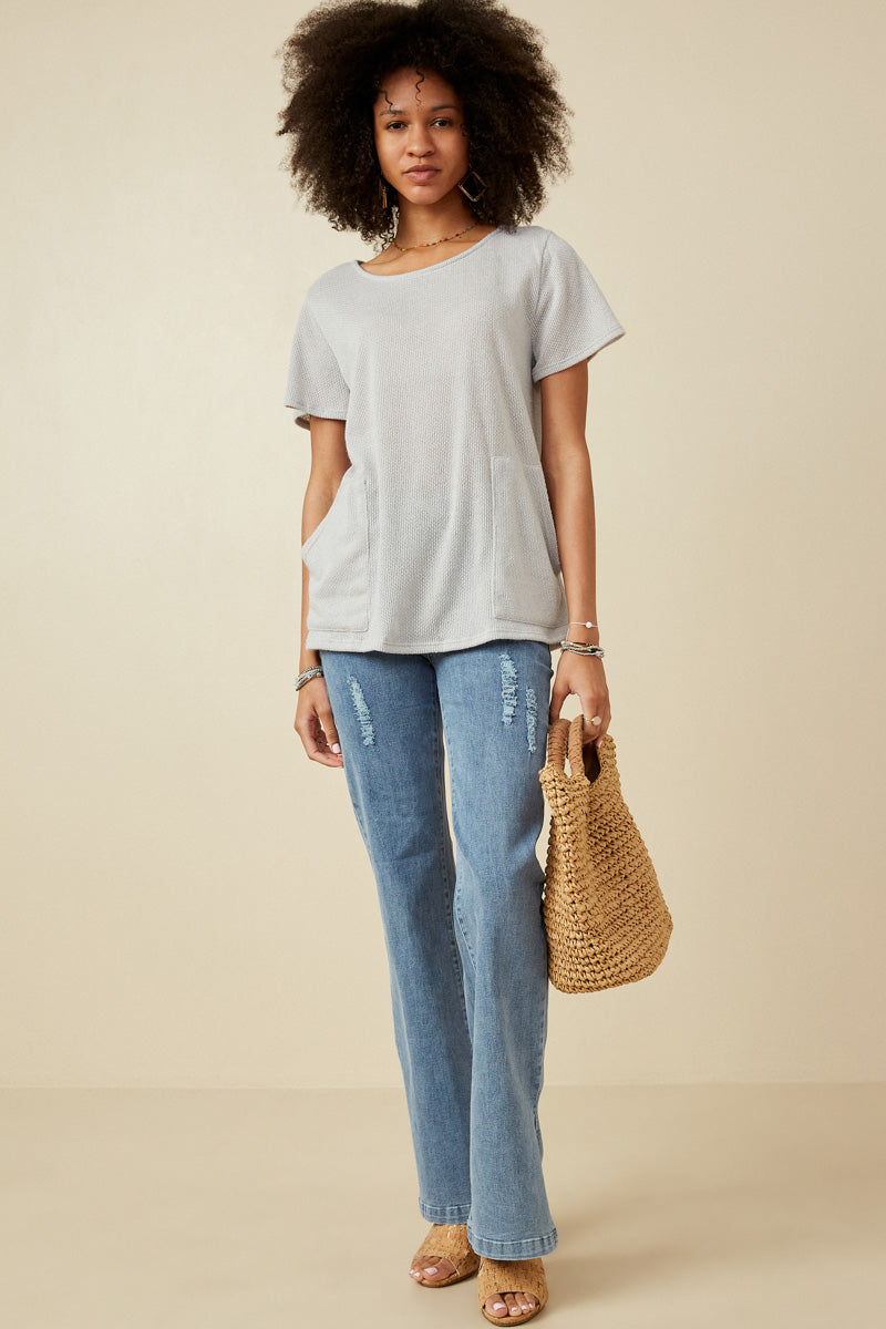 HDK1787 Light Grey Womens Waffle Knit Patch Pocket Short Sleeve Dolman Top Gif