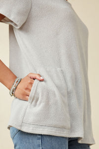 HDK1787 Light Grey Womens Waffle Knit Patch Pocket Short Sleeve Dolman Top Full Body