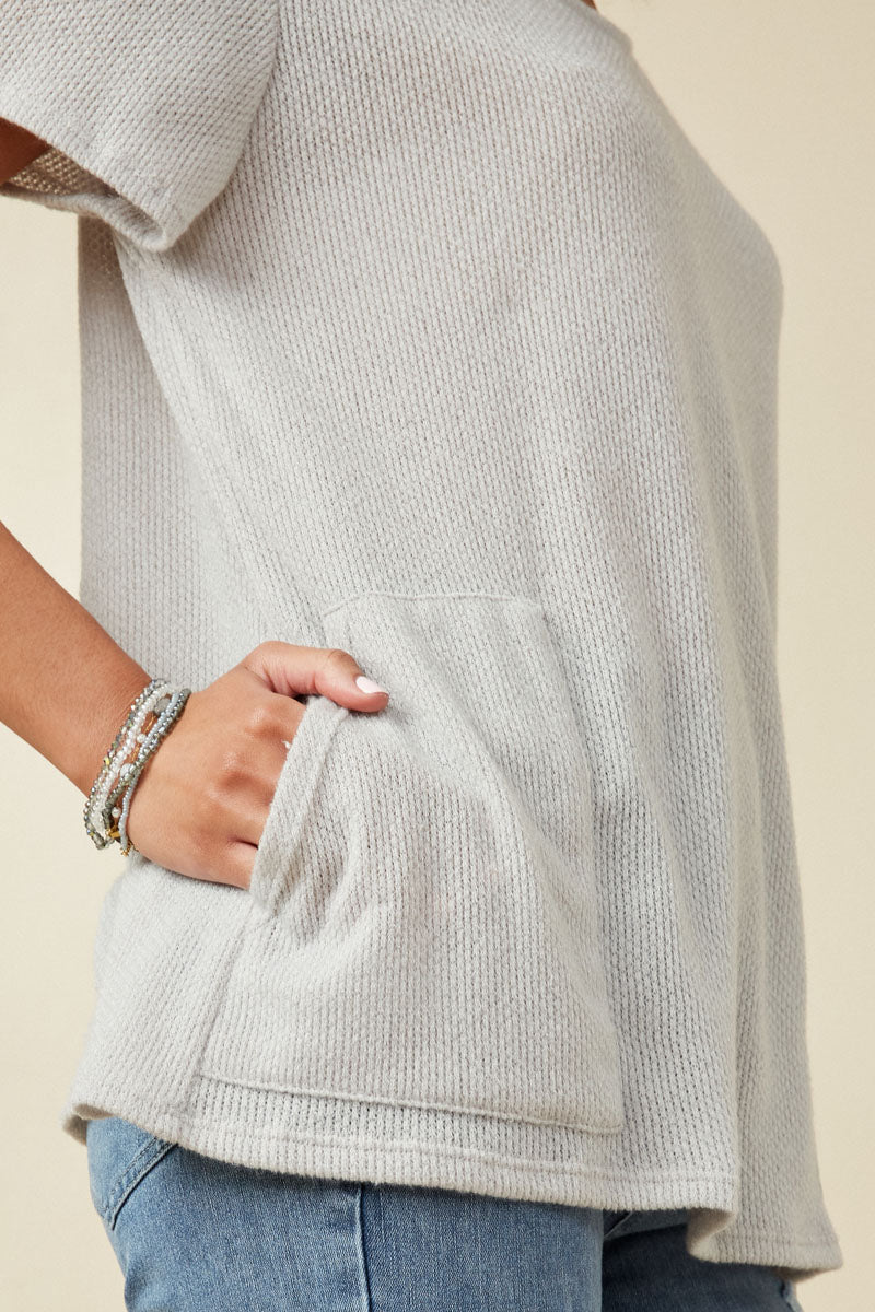 HDK1787 Light Grey Womens Waffle Knit Patch Pocket Short Sleeve Dolman Top Full Body