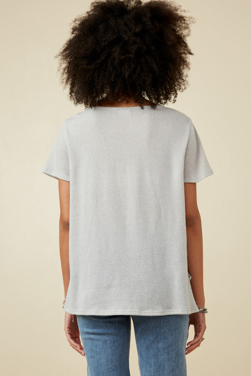 HDK1787 Light Grey Womens Waffle Knit Patch Pocket Short Sleeve Dolman Top Side