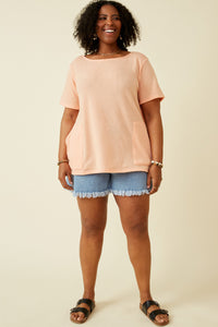 HDK1787 Coral Womens Waffle Knit Patch Pocket Short Sleeve Dolman Top Detail