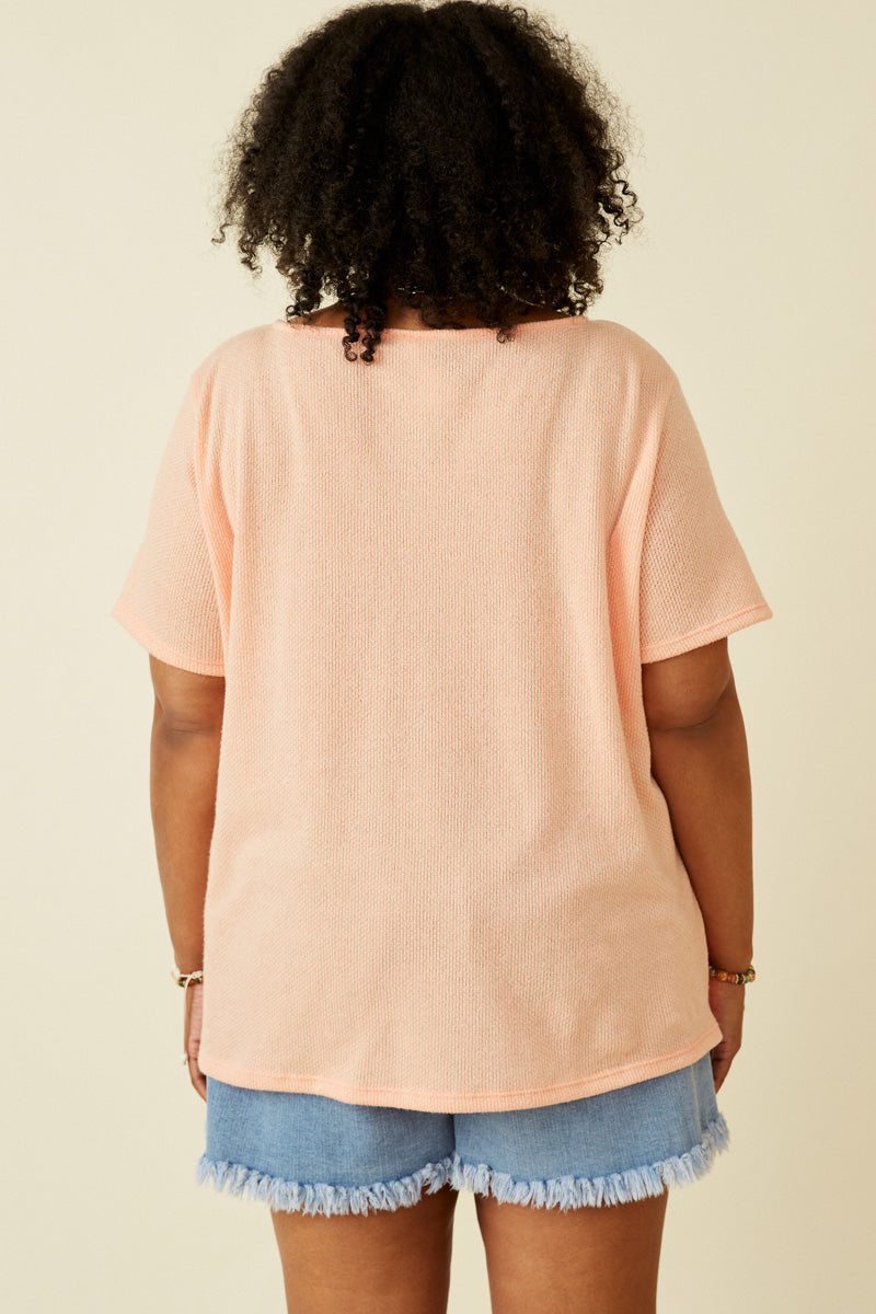 HDK1787W Light Grey Plus Waffle Knit Patch Pocket Short Sleeve Dolman Top Full Body