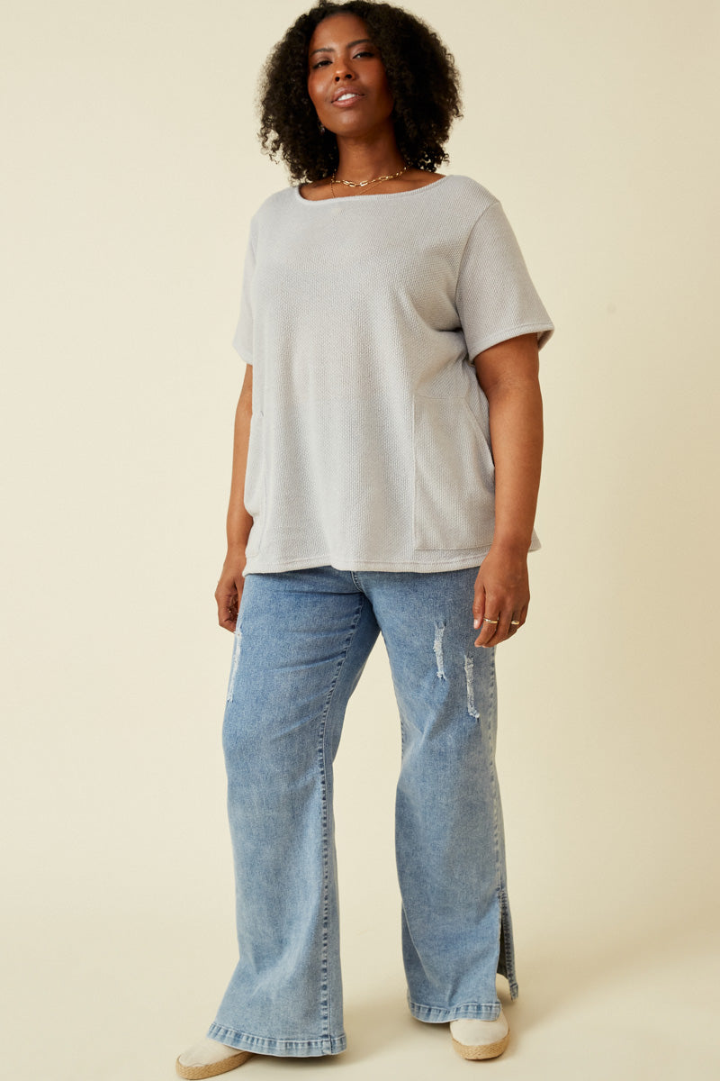 HDK1787 Light Grey Womens Waffle Knit Patch Pocket Short Sleeve Dolman Top Back