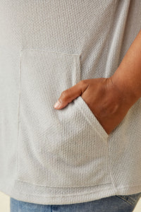 HDK1787 Light Grey Womens Waffle Knit Patch Pocket Short Sleeve Dolman Top Front 2