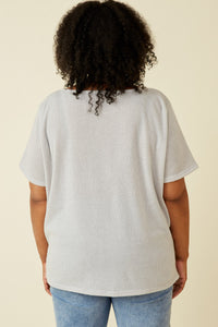 HDK1787W Light Grey Plus Waffle Knit Patch Pocket Short Sleeve Dolman Top Full Body