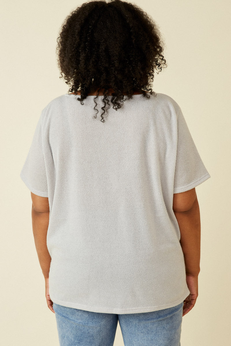 HDK1787W Light Grey Plus Waffle Knit Patch Pocket Short Sleeve Dolman Top Full Body