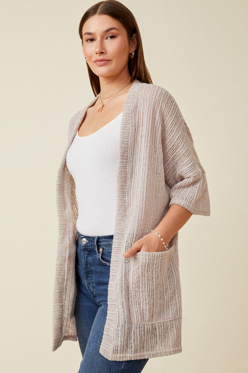 HDK1906 Brown Womens Textured Ribbed Knit Short Sleeve Kimono Back