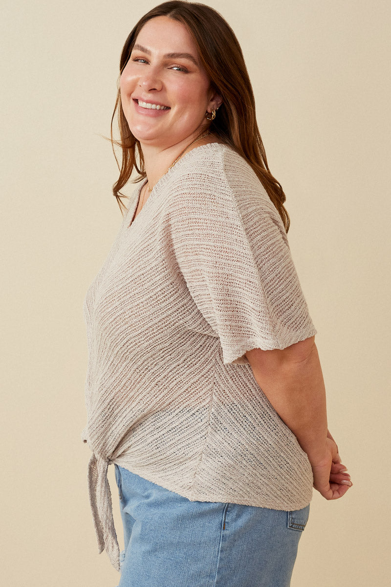 HDK1907 Lavender Womens Textured Ribbed Tie Front V Neck Top Full Body