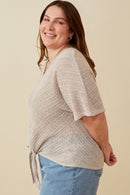 HDK1907 Lavender Womens Textured Ribbed Tie Front V Neck Top Full Body