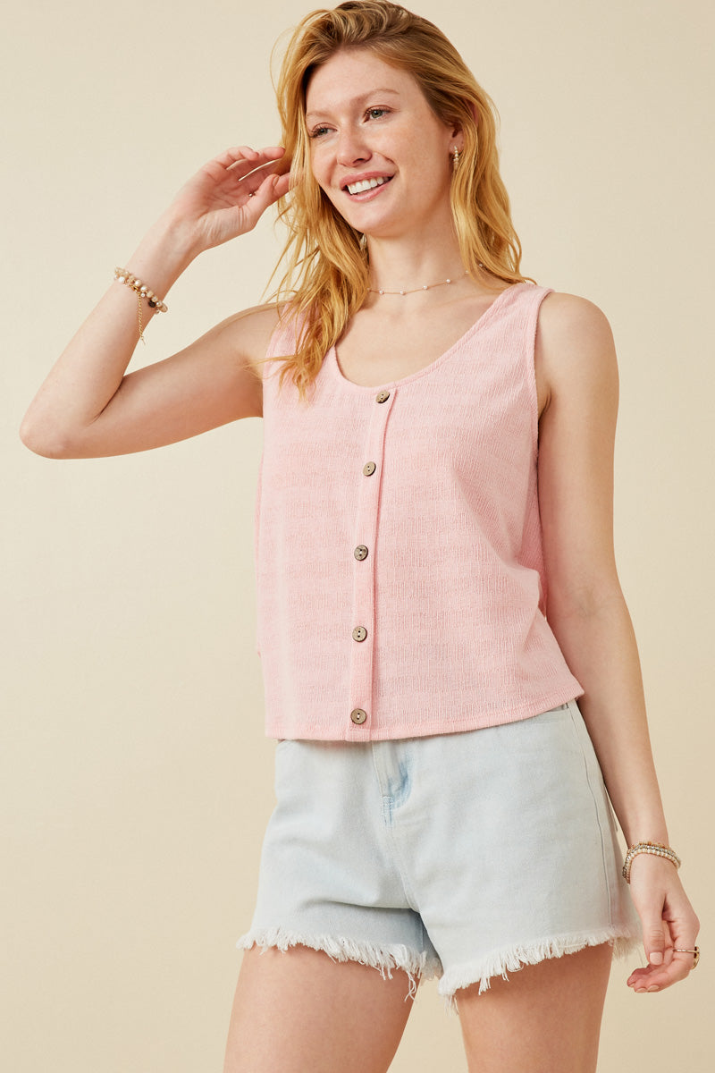 HDK1909 Blue Womens Patterned Button Detail Knit Tank Front