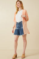 HDK1910 CORAL Womens Textured Knit Roll Sleeve Open Kimono Front