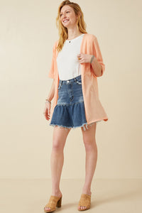 HDK1910 CORAL Womens Textured Knit Roll Sleeve Open Kimono Front