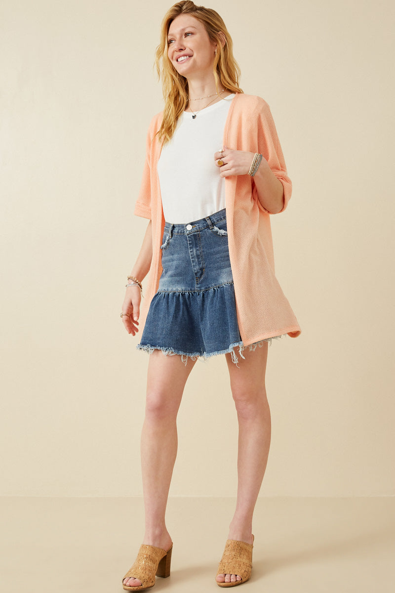 HDK1910 CORAL Womens Textured Knit Roll Sleeve Open Kimono Front