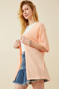 HDK1910 CORAL Womens Textured Knit Roll Sleeve Open Kimono Full Body