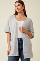 HDK1910W LIGHT GREY Plus Textured Knit Roll Sleeve Open Kimono Front