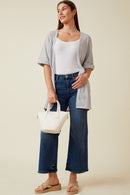 HDK1910 Grey Womens Textured Knit Roll Sleeve Open Kimono Gif