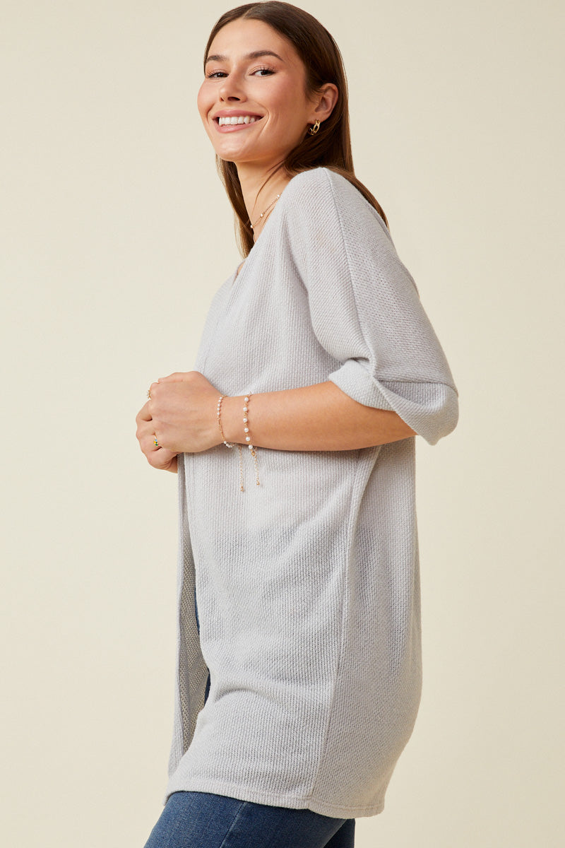 HDK1910 Grey Womens Textured Knit Roll Sleeve Open Kimono Full Body