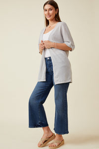 HDK1910 Grey Womens Textured Knit Roll Sleeve Open Kimono Back