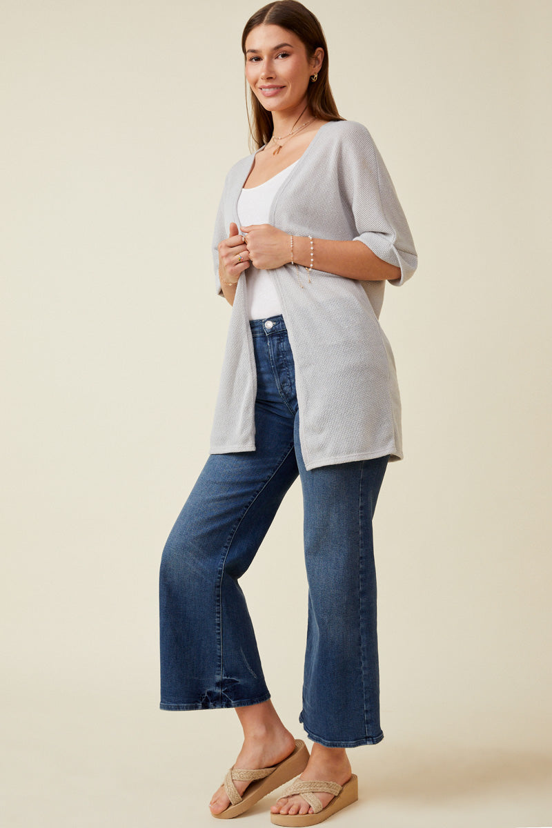 HDK1910 Grey Womens Textured Knit Roll Sleeve Open Kimono Back