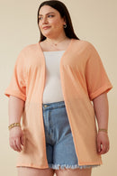 HDK1910 CORAL Womens Textured Knit Roll Sleeve Open Kimono Front